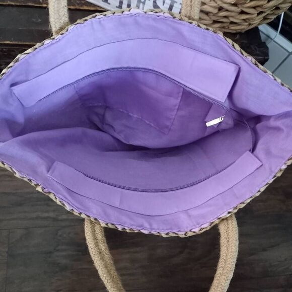 Woven Straw Tote Bag - Tan and Purple - Picture 4 of 5